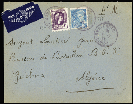 N°549 + 637, 1F violet Marianne d'Alger OBL CAD "Bonifacio Corse" (8.7.44) sur lettre en FM par avion pour Guelma (Algérie). TB