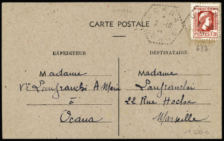 N°638, 1F20 Marianne d'Alger rouge carminé OBL CAD hex pointillé "Ocana Corse" sur carte postale (2.10.44 - avant mise en vente générale). TB