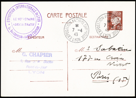 Entier CP 1F20 Pétain OBL CAD "exposition antibolchevique Lyon" (7.4.43) avec cachet violet "exposition internationale de Lyon - le bolchevisme contre l'Europe - le secrétaire administratif". TB