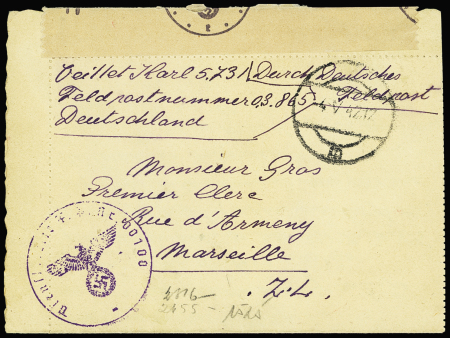 LF avec CAD muet (4.5.42) + cachet violet avec aigle "Dientstelle FPnr 00100" (Etat-Major du 638e RI). Rare et TB