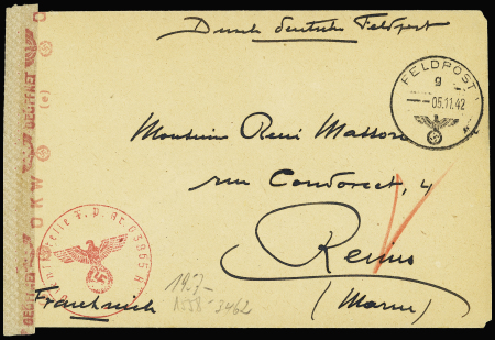 LF avec CAD "Feldpost" (5.11.42) + cachet rouge avec aigle "Dientstelle FPnr 08365 A" (1ere Cie du 1er bataillon du 638e RI) sur lettre pour Reims avec censure de l'OKW. TB