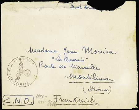 LF (mal ouverte en haut) avec cachet noir avec aigle "Dientstelle FPnr 04538 E (8ème Cie du 2ème bataillon du 638e RI). Frappe TB