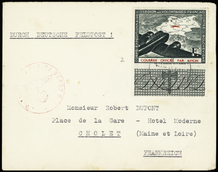 LVF n°2 OBL CAD "feldpost" + cachet rouge avec aigle "feldpostnummer 05492 A" (9e Cie) sur lettre pour Cholet. TB