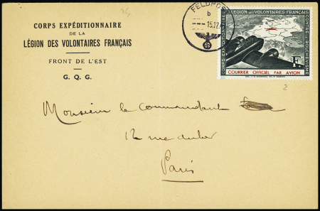 LVF n°2 OBL CAD "Feldpost" (15.12.41) sur lettre à en-tête "corps expéditionnaire de la légion des volontaires français - front de l'est GQG". TB