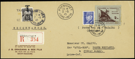 N°521A + guerre n°9 OBL Pornichet (3.5.45) sur lettre recommandée taxée en poste restante pour Piriac. TB