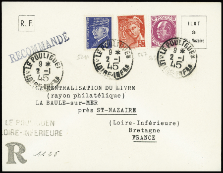 N°521A + 547 + 505 OBL CAD "Le Pouliguen Loire INFre" (2.1.45 avec gros millésime 45) sur lettre avec griffe de recommandation de fortune. TB