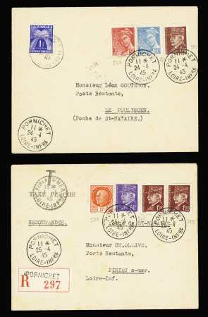 2 lettres : n°521 + 509 + 515 en paire OBL Pornichet (25.4.45) sur LR pour Piriac avec griffe "taxe perçue" et n°515 + 547 + 549 OBL Pornichet sur lettre en poste restante avec timbre n°70. TB