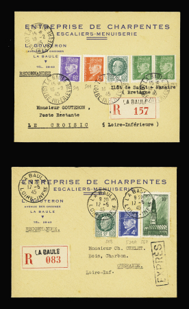 2 lettres : n°518 + 521A + 567 OBL La Baule (12.5.45) sur LR expres et n°509 + 511 + 513 + 518 OBL La Baule (16.2.45) sur LR en poste restante. TB