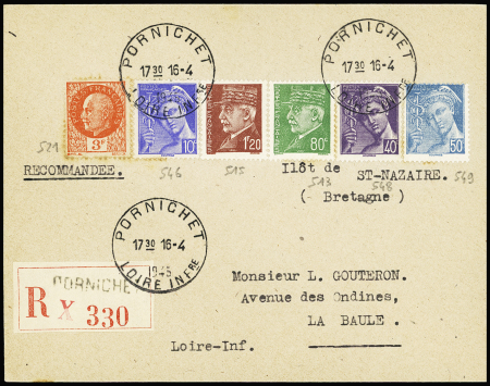N°513 + 515 + 521 + 546 + 548 + 549 OBL CAD  horoplan "Pornichet Loire-INFre" (16.4.45) sur lettre recommandée. TB