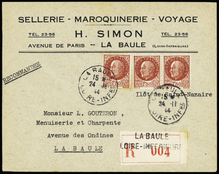 3 lettres recommandées AFF divers Pétain et Mercure OBL La Baule (24.11.44 - 4.4.45 ET 19.4.45). TB