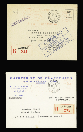 2 lettres recommandées avec EMA rouges des chantiers de Saint Nazaire OBL La Baule (8.1.45  avec griffe 1er jour d'utilisation et 27.2.45) pour Guérande. TB