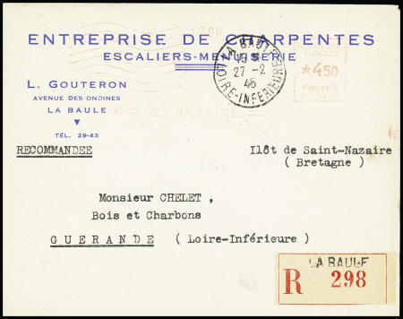 Lettre recommandée avec EMA rouges des chantiers de Saint Nazaire OBL La Baule (27.2.45) pour Guérande. TB