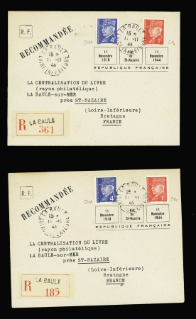 2 LR AFF n°514 + 521A OBL La Baule (11.11.44) avec mentions imprimées "11 novembre 1918 - ilot de Saint Nazaire - 11 novembre 1944". TB