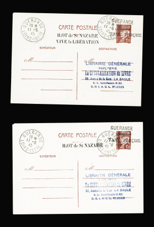 4 entiers cartes postales 1F20 Pétain avec surcharges "taxe perçue" et "Libération" OBL Guérande (11.5.45). TB