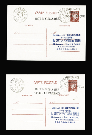 4 entiers cartes postales 1F20 Pétain avec surcharges "taxe perçue" et "Libération" OBL Guérande (11.5.45). TB