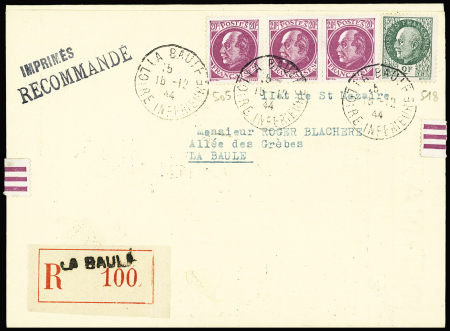 N°505, 3 pièces + n°518 OBL La Baule (15.12.44) sur carte lettre recommandée "calendrier de l'ilôt de Saint Nazaire 1945". TB