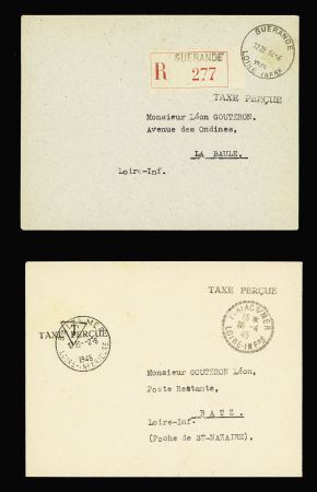 2 lettres sans timbres avec CAD tireté "Piriac s/ Mer" (28.4.45) et CAD horoplan "Guerande" (14.4.45) avec griffes "taxe perçue". TB