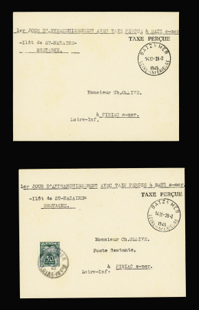 2 lettres (dont l'une avec taxe n°69) et CAD horoplan de Batz s/ Mer (28.2.1945) + griffe "taxe perçue". TB