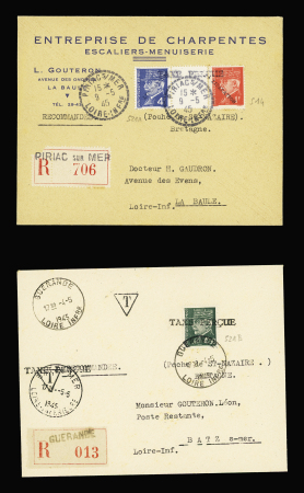 2 LR n°514 + 521A avec surcharges "taxe perçue" et "Libération" OBL Piriac (9.5.45) et n°521B avec surcharge "taxe perçue" OBL horoplan Guérande (4.5.45. TB