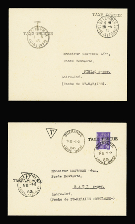 2 lettres : n°509 avec surcharge "taxe perçue" OBL Guérande (4.5.45) et lettre sans timbre avec griffe "taxe perçue". TB