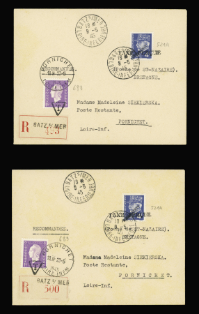 2 lettres recommandées avec AFF n°521A avec surcharges "Libération" et "taxe perçue" OBL "Batz s/Mer" (9.5.45) en poste restante avec n°689, 1F Dulac surchargé "T" OBL Pornichet. TB