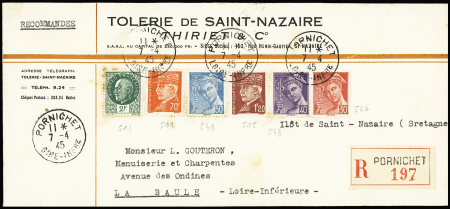 3 env. recommandées format américain AFF divers Pétain et Mercure OBL Pornichet (3.5.45 - 21.4.45 - 7.4.45). TB