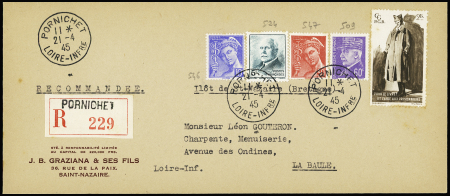 3 env. recommandées format américain AFF divers Pétain et Mercure OBL Pornichet (3.5.45 - 21.4.45 - 7.4.45). TB
