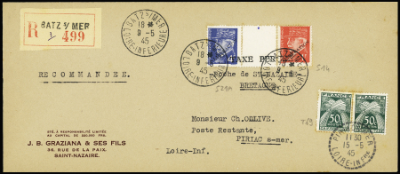 2LR : n°514 + 521A surchargé "taxe perçue" OBL Batz-s-Mer" (2.5.45) et n°514 + 521A avec urcharges "Libération" et "taxe perçue" OBL Batz-s-Mer" (9.5.45). TB