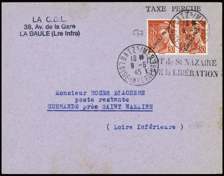 N°547, 30c Mercure, en paire avec surcharge "Libération" OBL "Batz-s-Mer" (9.5.45) sur lettre avec griffe noire "Ilot de St Nazaire vive la libération". TB