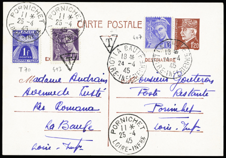N°407 OBL La Baule (24.4.45) sur entier carte postale 1F20 Pétain en poste restante avec n°413 surchargé "T" + taxe n°70 OBL Pornichet. TB
