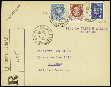 N°514 + 521A +549 OBL "La Roche-Bernard Morbihan" (4.5.45) sur lettre avec griffe de recommandation provisoire. TB