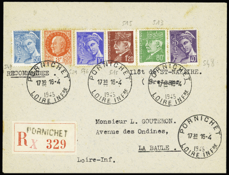 N°549 + 521 + 546 + 515 + 513 + 548 OBL horoplan de Pornichet (16.4.45) sur lettre recommandée. TB