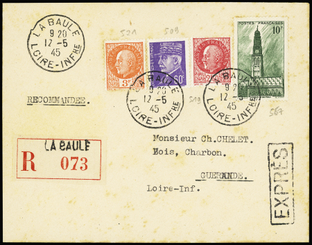 N°521 + 509 + 519 + 567 OBL La Baule (12.5.45) sur lettre recommandée exprès pour Guérande. TB