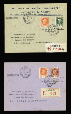 2 lettres recommandées AFF Pétain n°518 + 521 et 517 + 521 OBL La Baule (6.12.44 et 18.1.45. TB