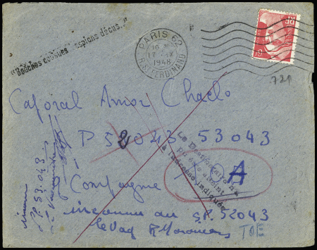 N°721, 8F Gandon OBL Paris 62 (1948) sur lettre pour un militaire en Indochine avec griffe noire "Bouches cousues…. Espion déçu". Rare et TB