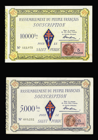 4 billets d'adhésion au RPF du général de Gaulle avec timbres fiscaux : 1000F, 5000F, 10 000F et 50 000F. Rare et TB
