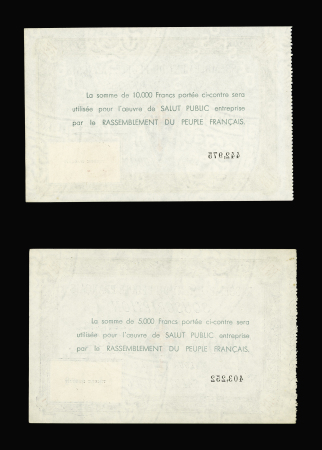 4 billets d'adhésion au RPF du général de Gaulle avec timbres fiscaux : 1000F, 5000F, 10 000F et 50 000F. Rare et TB