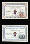 4 billets d'adhésion au RPF du général de Gaulle avec timbres fiscaux : 1000F, 5000F, 10 000F et 50 000F. Rare et TB