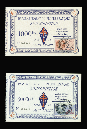 4 billets d'adhésion au RPF du général de Gaulle avec timbres fiscaux : 1000F, 5000F, 10 000F et 50 000F. Rare et TB