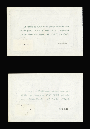 4 billets d'adhésion au RPF du général de Gaulle avec timbres fiscaux : 1000F, 5000F, 10 000F et 50 000F. Rare et TB