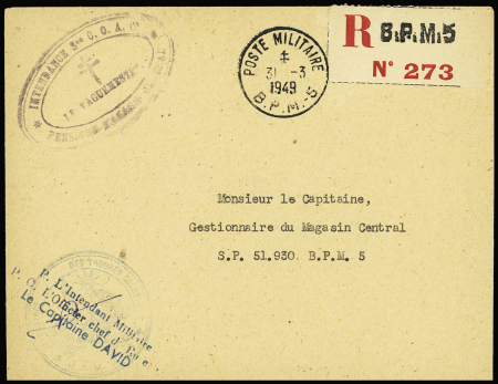 LF recommandée avec CAD "poste militaire BPM 5" (1949 - Tananarive Madagascar) et cachet ovale noir "Intendance Son COA pensions magasin central - le vaguemestre". TB