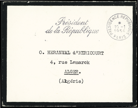 Env. de deuil avec OBL mec "présidence république Paris" (10.1.1956) + carte de deuil de René Coty (suite au décès de son épouse). TB