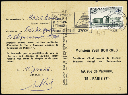 N°1463 OBL Paris XVIII (1966) sur carte pétition adressée à Yvon Bourges ministre de l'Information pour protester contre l'interdiction du film La Religieuse, qui fit grand bruit à l'époque. TB