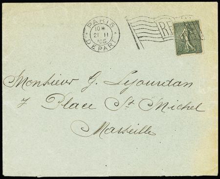 N°30 OBL mec "Paris départ" (1905) avec drapeau sur lettre. TB