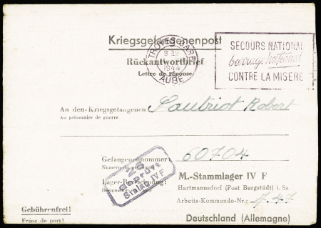 Formule de stalag avec OBL mec Flier "Troyes-Gare Aube avec flamme encadrée "Secours national barrage national contre la misère" (1944). TB