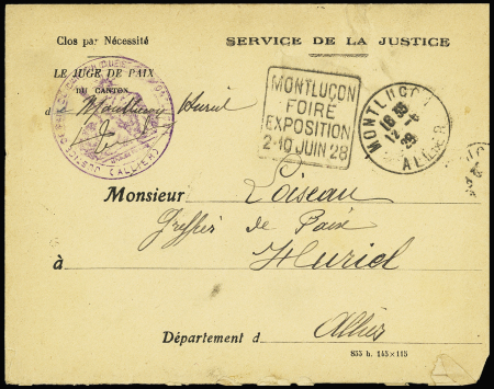 Lettre en franchise avec CAD "Montluçon Allier" + Daguin à gauche "Montluçon foire exposition 2-10 juin 28". TB