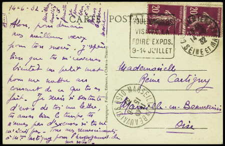 N°139 en paire OBL "Coulommiers Seine et Marne" (1932) + Daguin à gauche "Coulommiers visitez la foire expos. 9 - 14 juillet" sur carte postale. TB
