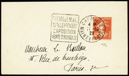 N°194 OBL "Chemille Maine et Loire" (1938) + Daguin à gauche "Chemille M & L 15 - 16 septembre exposition vente d'animaux" sur lettre. TB