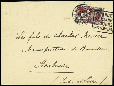 N°212 OBL "Tours-Gare Indre et Loire" (1925) + Daguin à droite "Grande semaine de Tours 9-17 mai 1925" sur lettre. TB