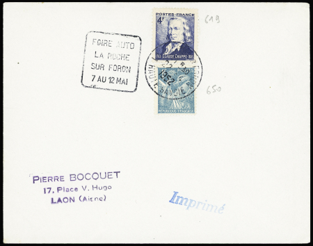 N°619 + 650 OBL "La Roche sur Foron Haute Savoie" (1952) + Daguin à gauche "Foire auto La Roche sur Foron 7 au 12 mai" sur lettre. TB